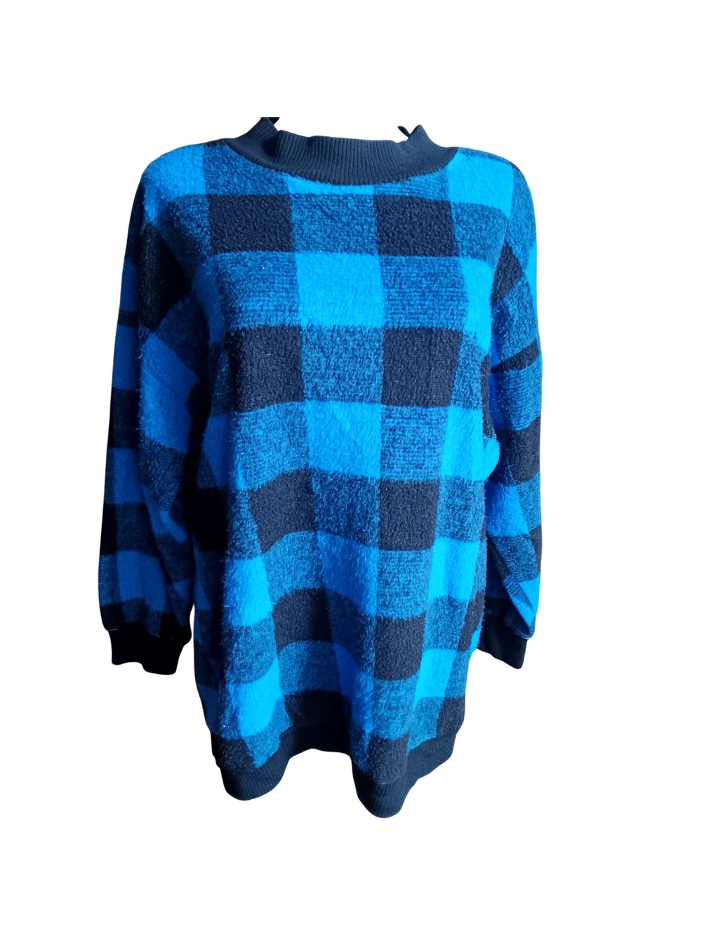 New Wave Sweater Medium Vintage 1980's K.K. Blue Black Plaid Acrylic Crewneck